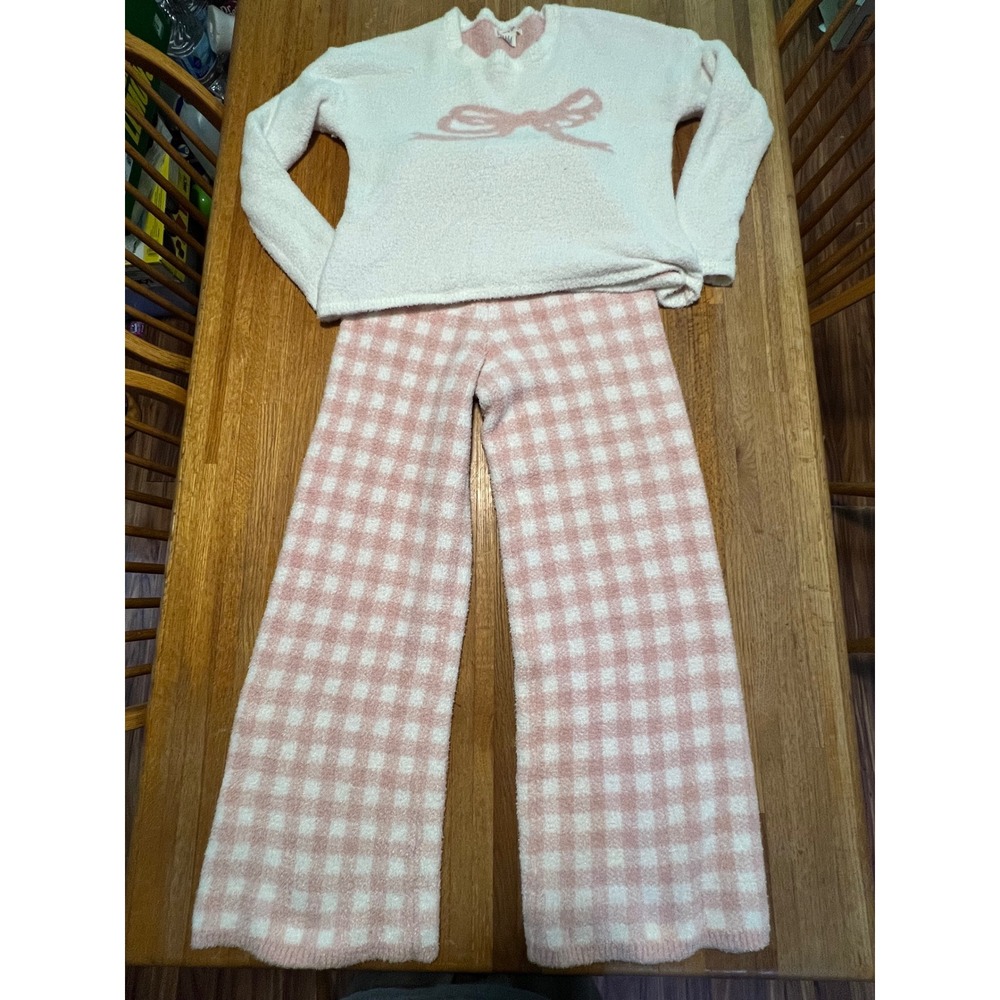Happily Grey Women SM Pink White Gingham Bow Fuzzy Coord Loungewear Pajama Set